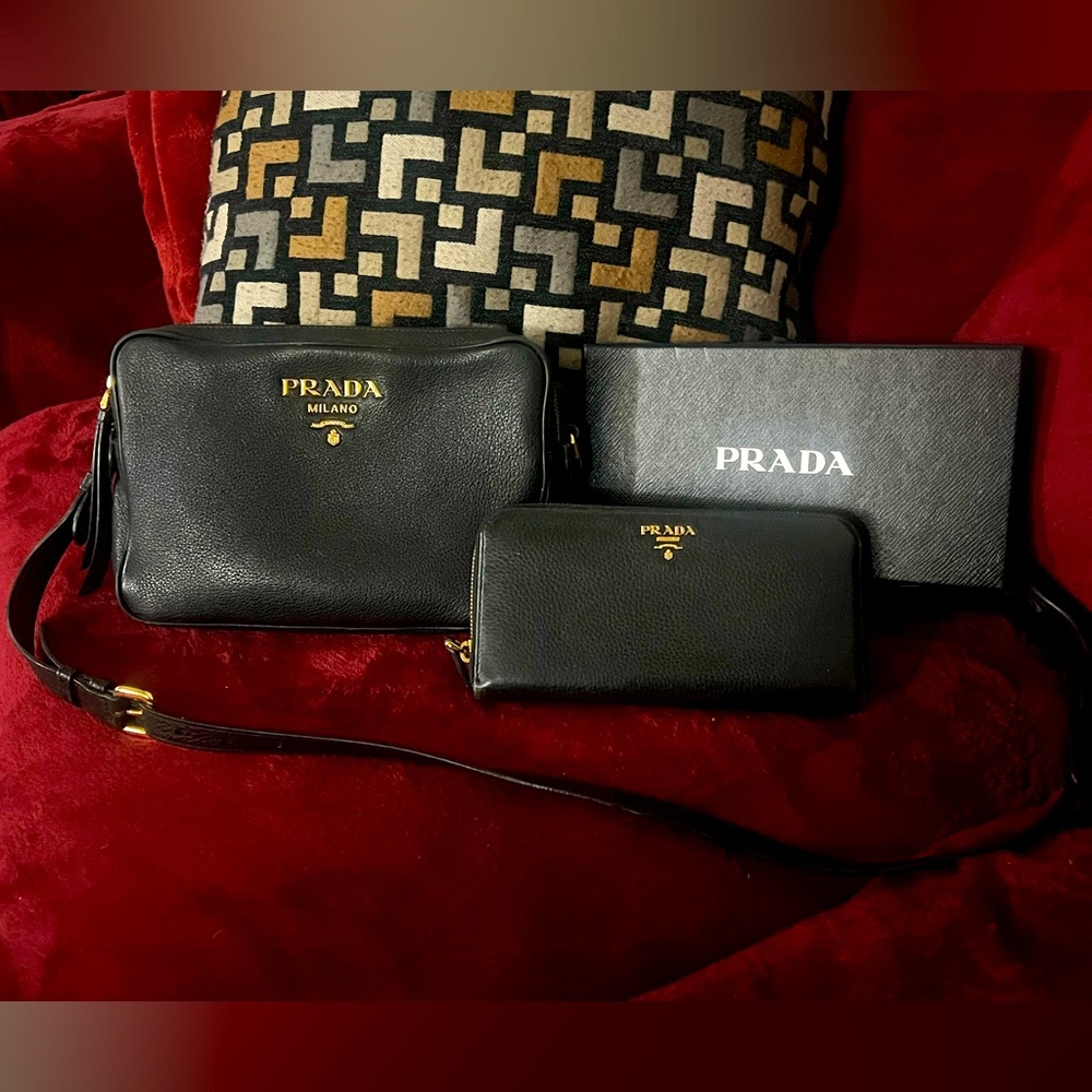 Prada Black Leather Double Zip Crossbody Bag & Wallet Vitello Phenix Saffiano